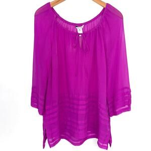 John Mark Purple Sheer Silk 3/4 Sleeve Tie Neck Blouse Size Medium